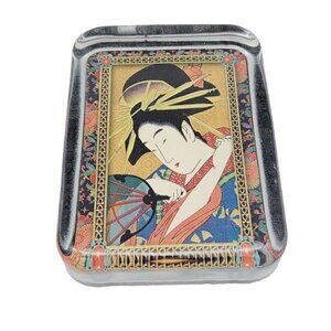 Vintage Japanese Geisha Girl Picture In Glass Paperweight Rectangular Exc Cond